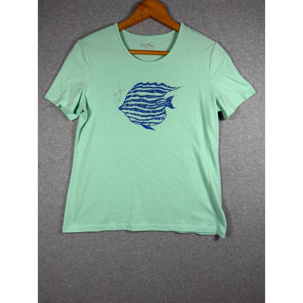 Coral Bay Petite PM Mint Green Rhinestone Fish Graphic T-Shirt 3929